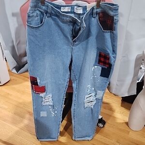 Lane Bryant Light Blue Distressed Patchwork Boyfriend Jeans with Red Plaid